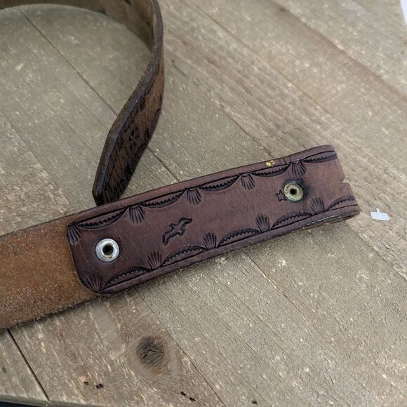 Men's brown leather tooled belt for buckle - Picture 7 of 8